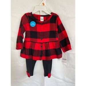Carters 2-Piece Red & Black Plaid Peplum Top With Black Leggings Set Size 12 Mon